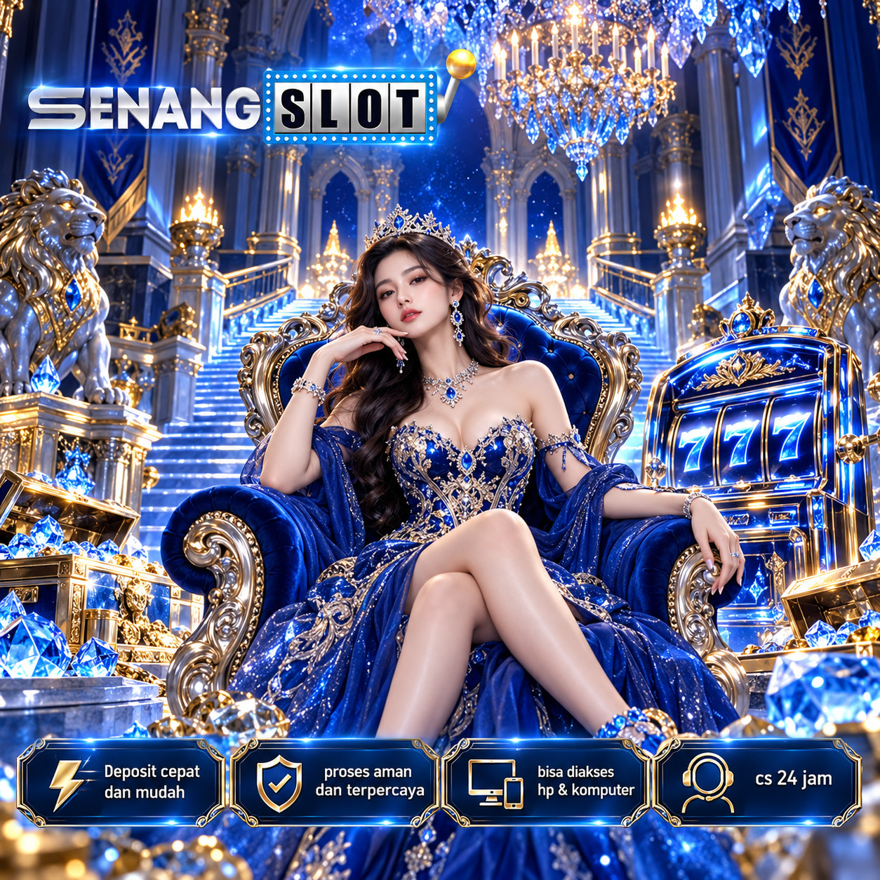 Banner SENANGSLOT: event bertema desain visual biru emas dan desain visual biru emas